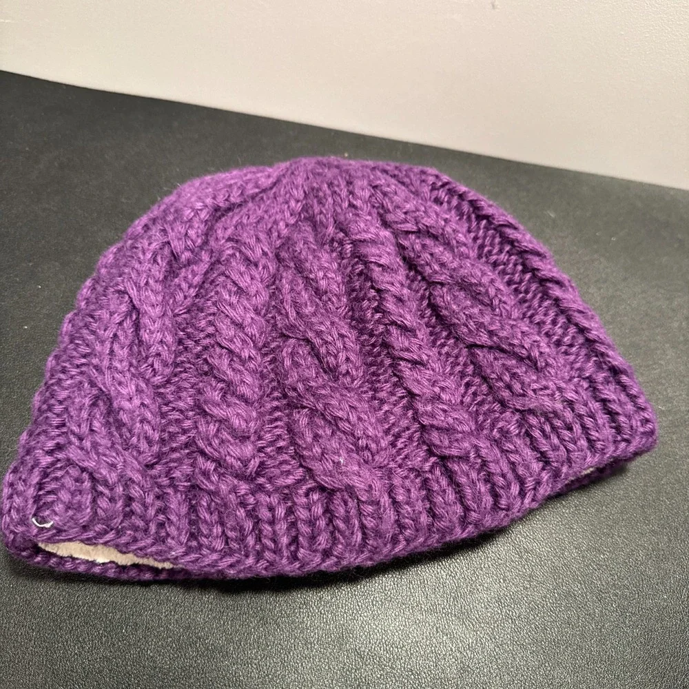 The North Face Beanie Purple Hat Crap Cable‎ Knit Alpaca Wool Blend Fleece Lined